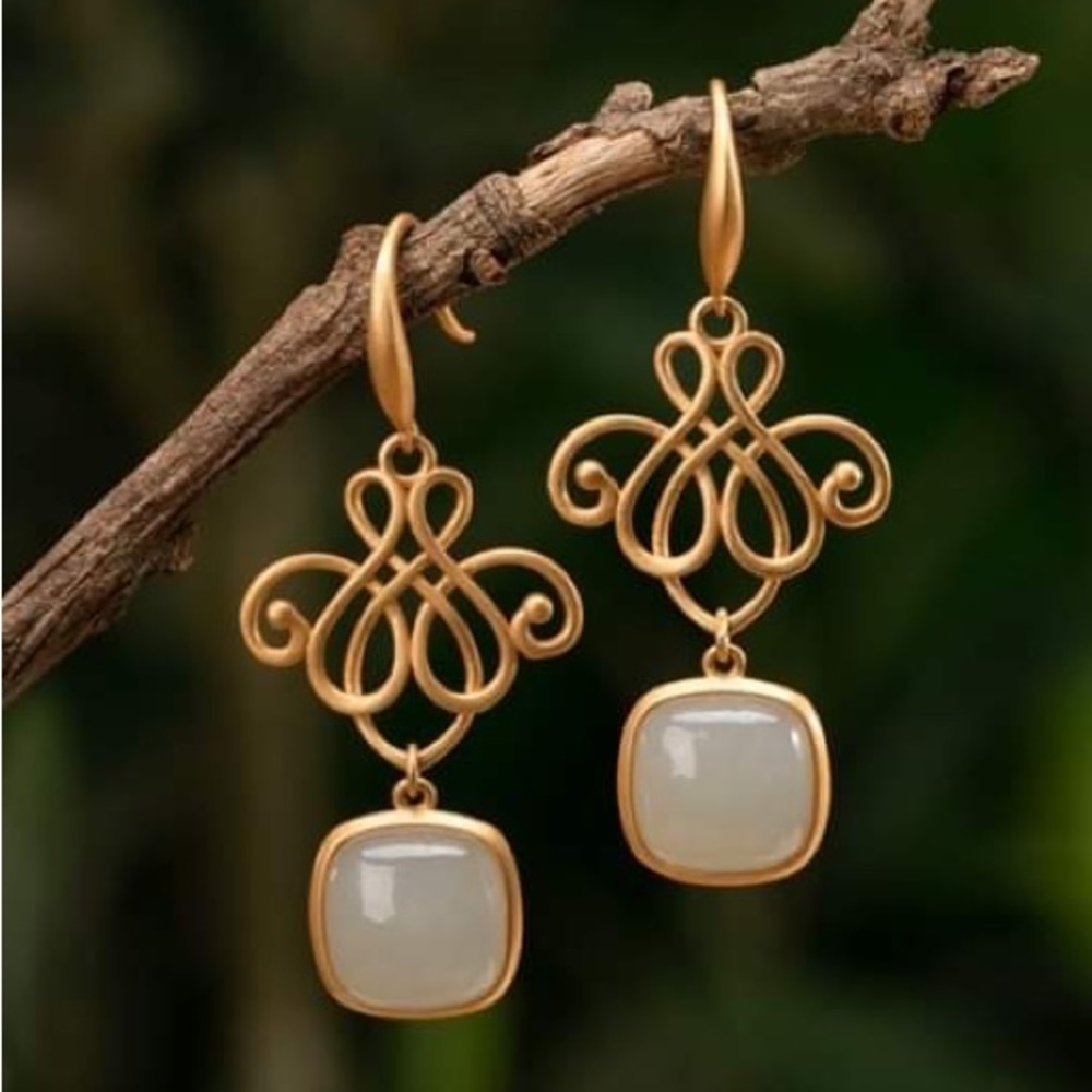 Gold and Jade Stone Dangle Earrings